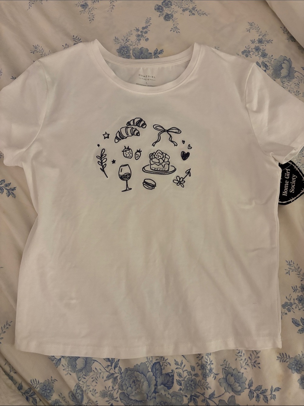 White Embroidered Short-Sleeve Bistro Themed Crop Tee